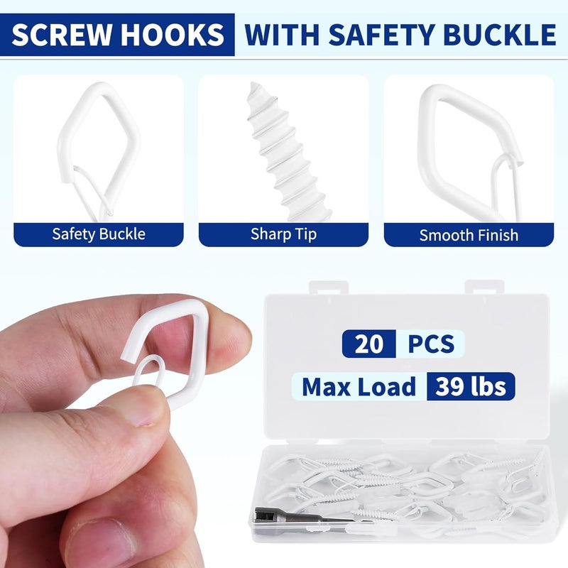 RELBRO Screw Hooks, 2.2 Inch Metal Q Hanger Hooks with Safety Buckle, Weatherproof, Heavy Duty, White, 20 Pcs - Image 5